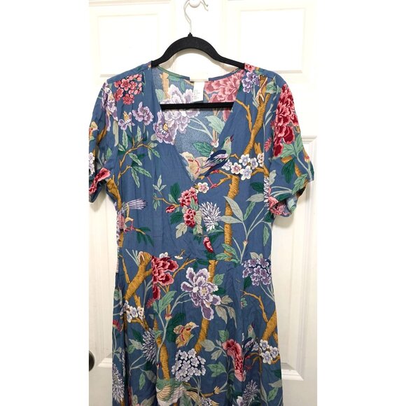 GP& J.Baker x H.M Floral & Bird Patterned Short-Sleeve Max Dress V-Neckline Ligh - Picture 2 of 8